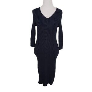Peruvian Connection Dress Womens Size Small Blue Ribbed Knit 3/4 Sleeves Sheath
